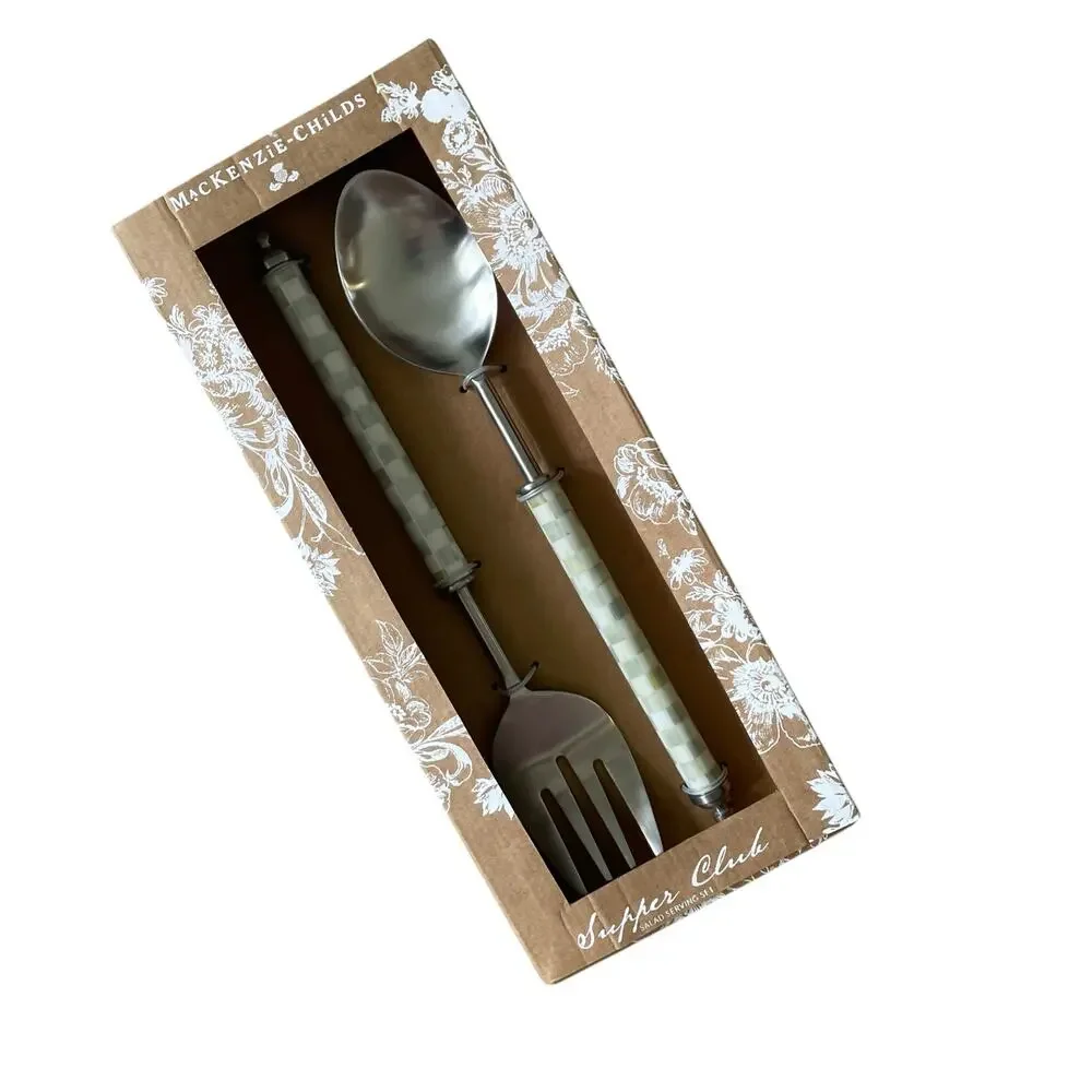 Brand New Mackenzie-Childs Sterling Check Supper Club Salad Serving Set